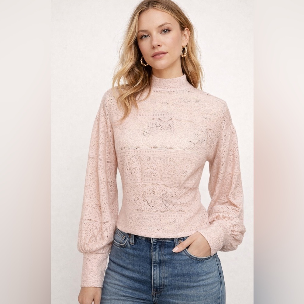 Free People Blush Pink Lace Mock Neck Top Balloon Sleeve Sheer Knit Boho L - Picture 1 of 13